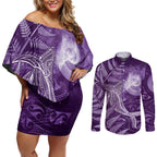New Zealand Matariki Couples Matching Off Shoulder Short Dress and Long Sleeve Button Shirt Maori Koru With Humpback Whale Purple