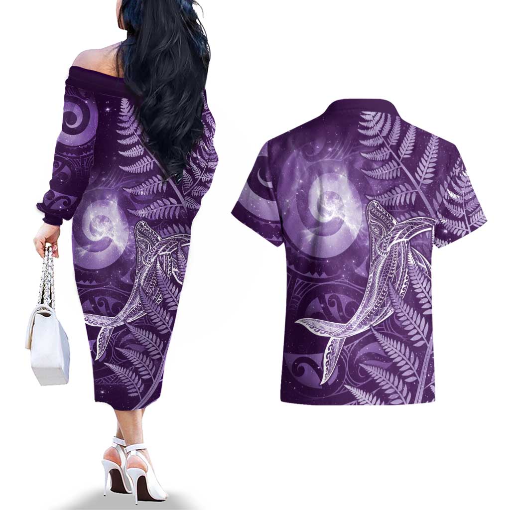 New Zealand Matariki Couples Matching Off The Shoulder Long Sleeve Dress and Hawaiian Shirt Maori Koru With Humpback Whale Purple