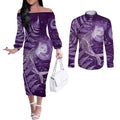 New Zealand Matariki Couples Matching Off The Shoulder Long Sleeve Dress and Long Sleeve Button Shirt Maori Koru With Humpback Whale Purple