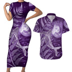 New Zealand Matariki Couples Matching Short Sleeve Bodycon Dress and Hawaiian Shirt Maori Koru With Humpback Whale Purple