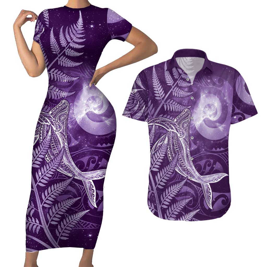 New Zealand Matariki Couples Matching Short Sleeve Bodycon Dress and Hawaiian Shirt Maori Koru With Humpback Whale Purple