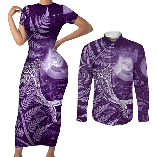 New Zealand Matariki Couples Matching Short Sleeve Bodycon Dress and Long Sleeve Button Shirt Maori Koru With Humpback Whale Purple