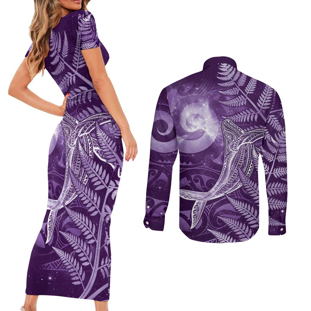 New Zealand Matariki Couples Matching Short Sleeve Bodycon Dress and Long Sleeve Button Shirt Maori Koru With Humpback Whale Purple