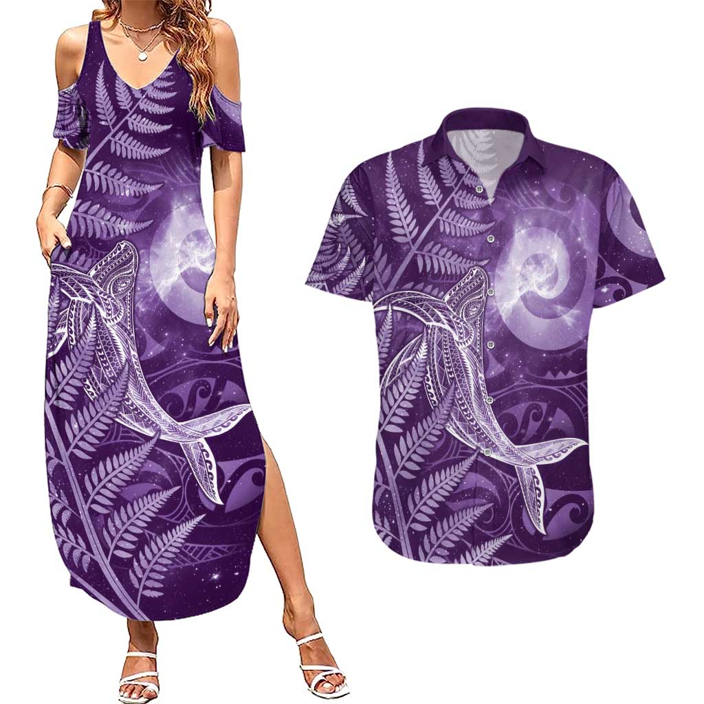 New Zealand Matariki Couples Matching Summer Maxi Dress and Hawaiian Shirt Maori Koru With Humpback Whale Purple