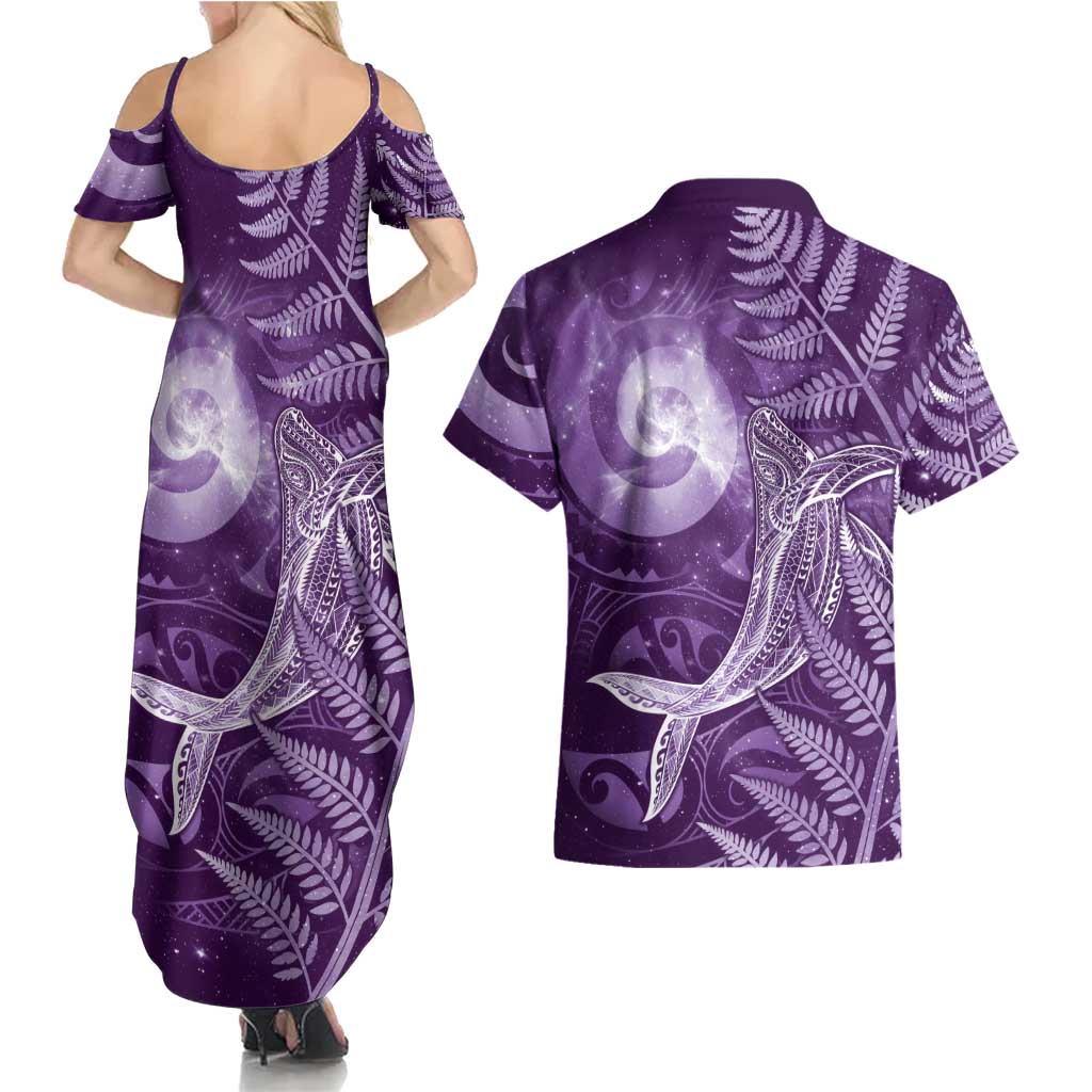 New Zealand Matariki Couples Matching Summer Maxi Dress and Hawaiian Shirt Maori Koru With Humpback Whale Purple