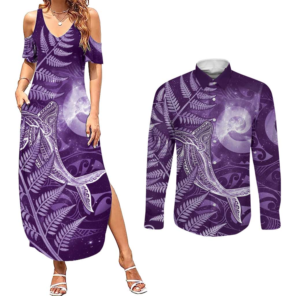 New Zealand Matariki Couples Matching Summer Maxi Dress and Long Sleeve Button Shirt Maori Koru With Humpback Whale Purple