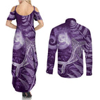 New Zealand Matariki Couples Matching Summer Maxi Dress and Long Sleeve Button Shirt Maori Koru With Humpback Whale Purple