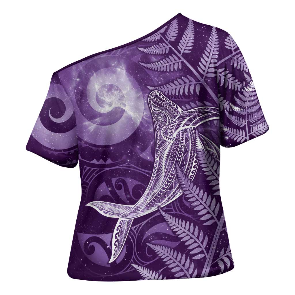 New Zealand Matariki Cross Shoulder Shirt Maori Koru With Humpback Whale Purple