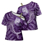 New Zealand Matariki Cross Shoulder Shirt Maori Koru With Humpback Whale Purple
