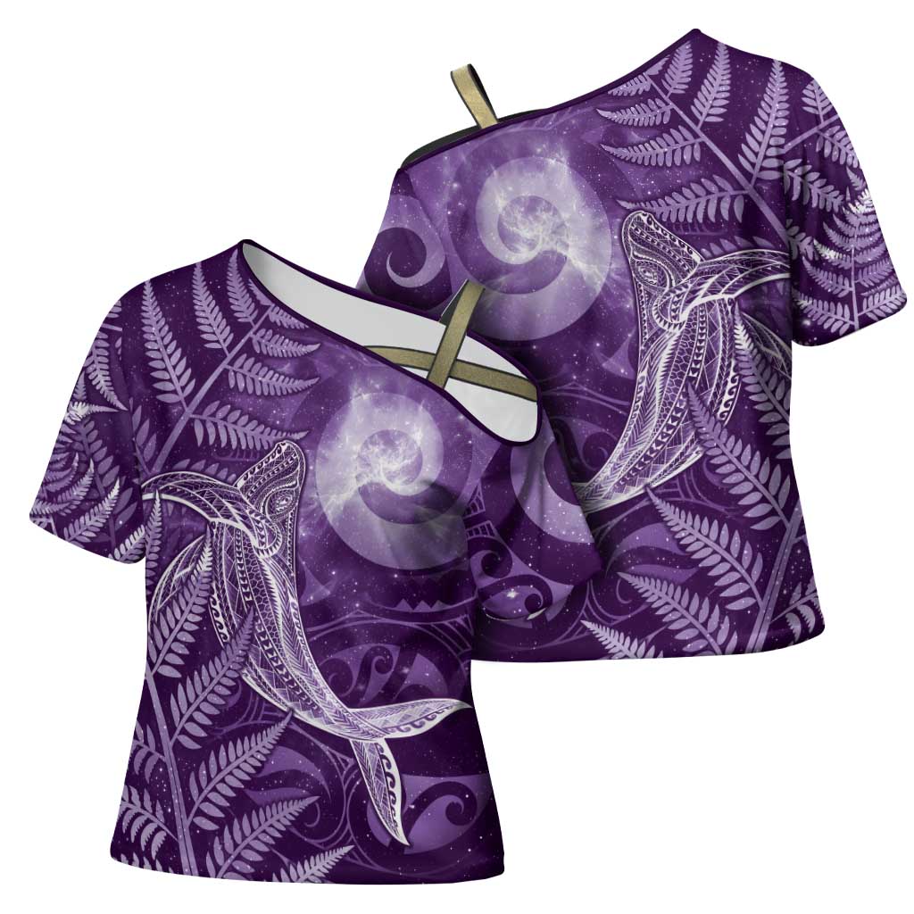 New Zealand Matariki Cross Shoulder Shirt Maori Koru With Humpback Whale Purple