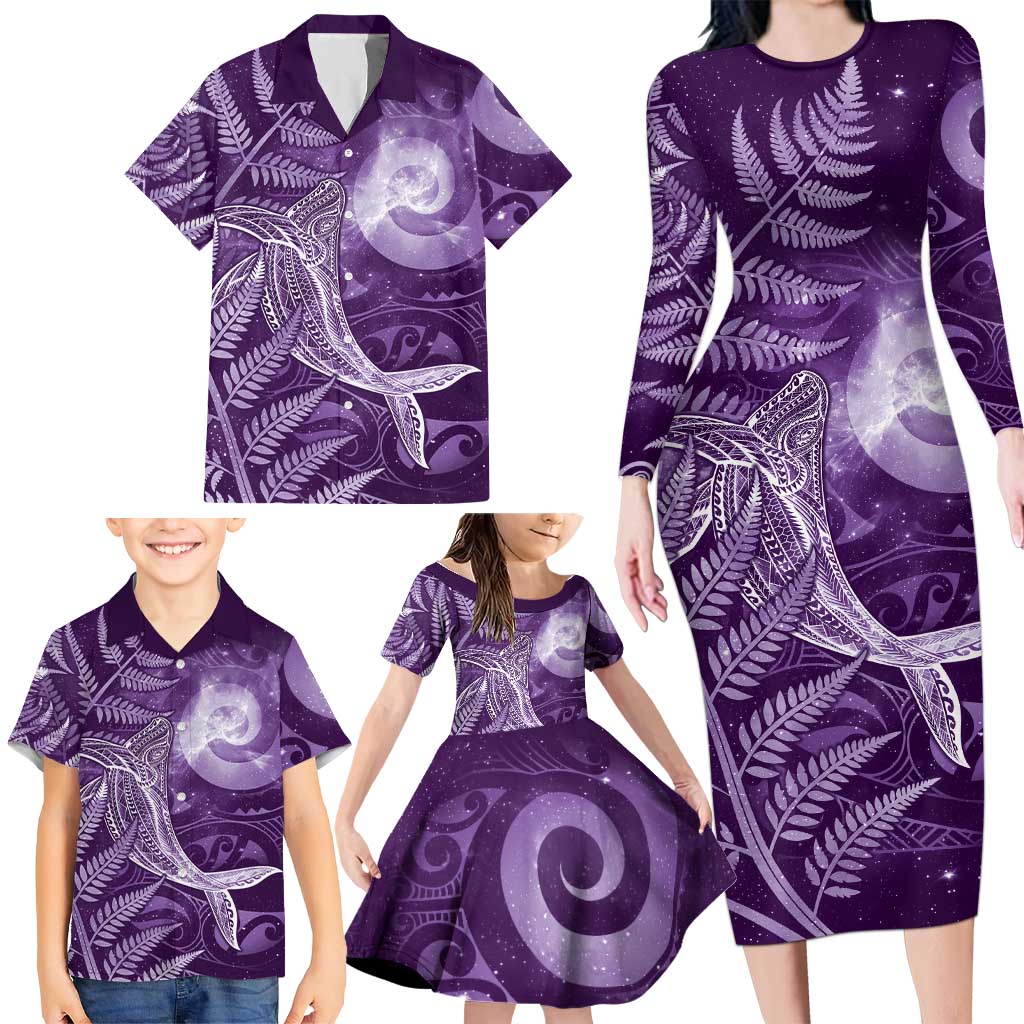 New Zealand Matariki Family Matching Long Sleeve Bodycon Dress and Hawaiian Shirt Maori Koru With Humpback Whale Purple