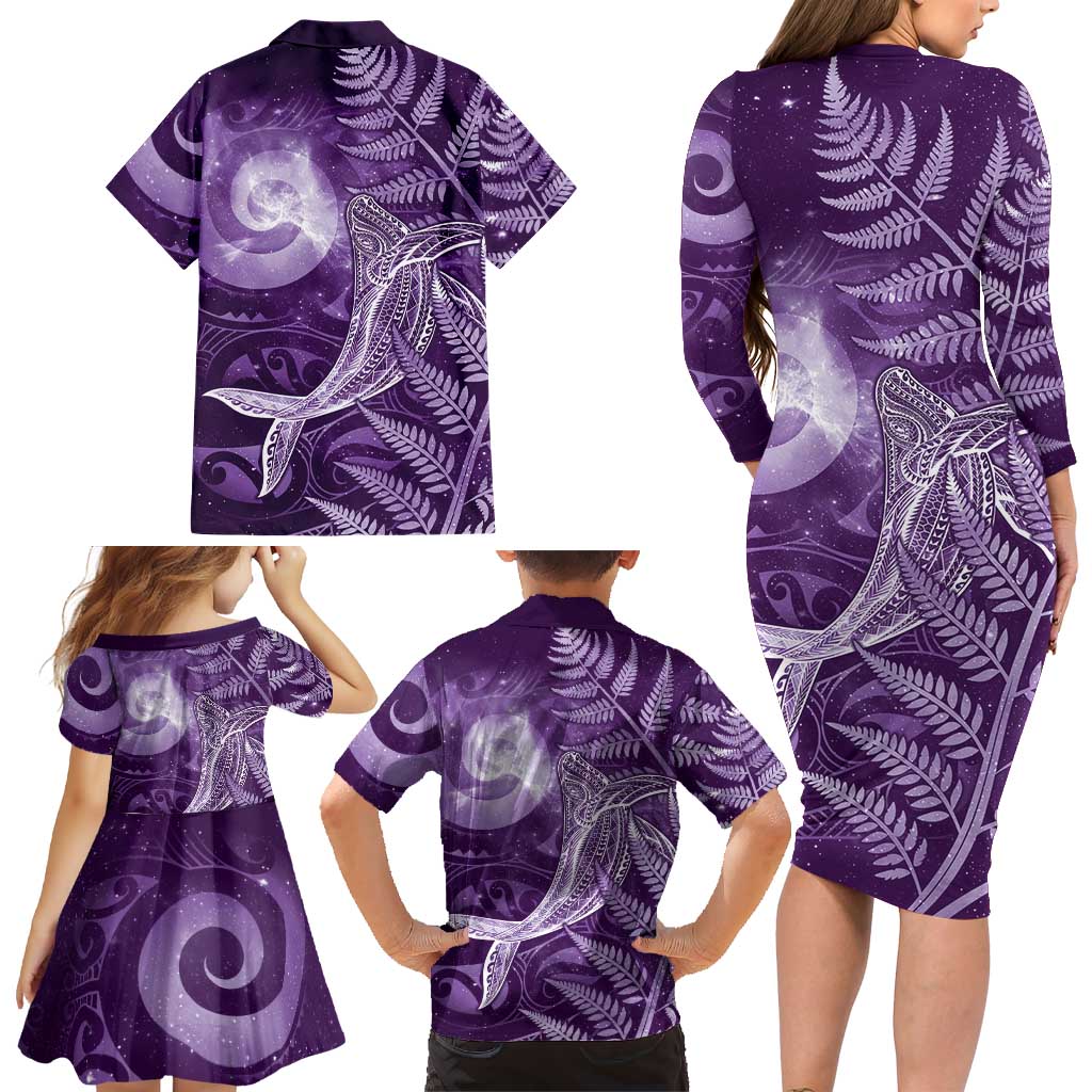 New Zealand Matariki Family Matching Long Sleeve Bodycon Dress and Hawaiian Shirt Maori Koru With Humpback Whale Purple