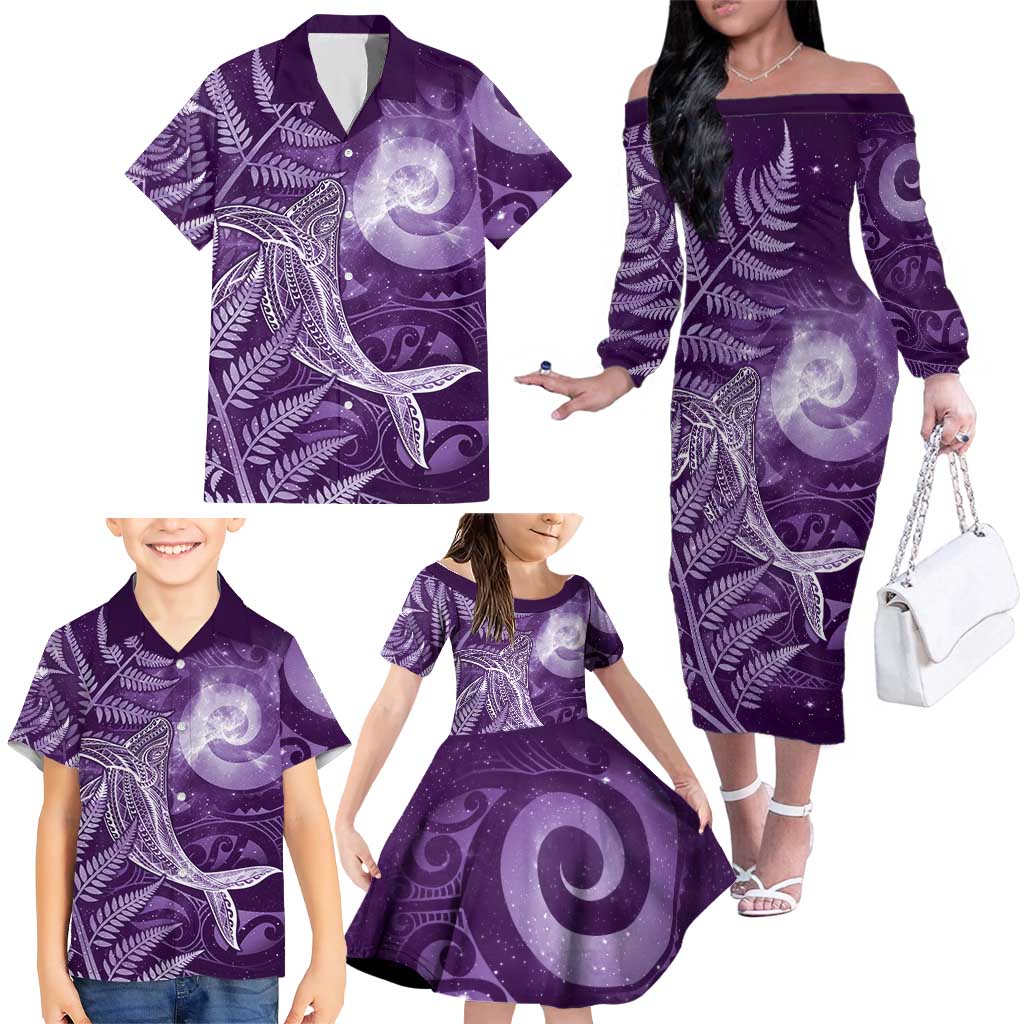 New Zealand Matariki Family Matching Off The Shoulder Long Sleeve Dress and Hawaiian Shirt Maori Koru With Humpback Whale Purple
