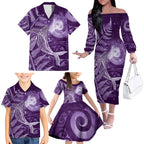 New Zealand Matariki Family Matching Off The Shoulder Long Sleeve Dress and Hawaiian Shirt Maori Koru With Humpback Whale Purple