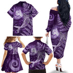 New Zealand Matariki Family Matching Off The Shoulder Long Sleeve Dress and Hawaiian Shirt Maori Koru With Humpback Whale Purple