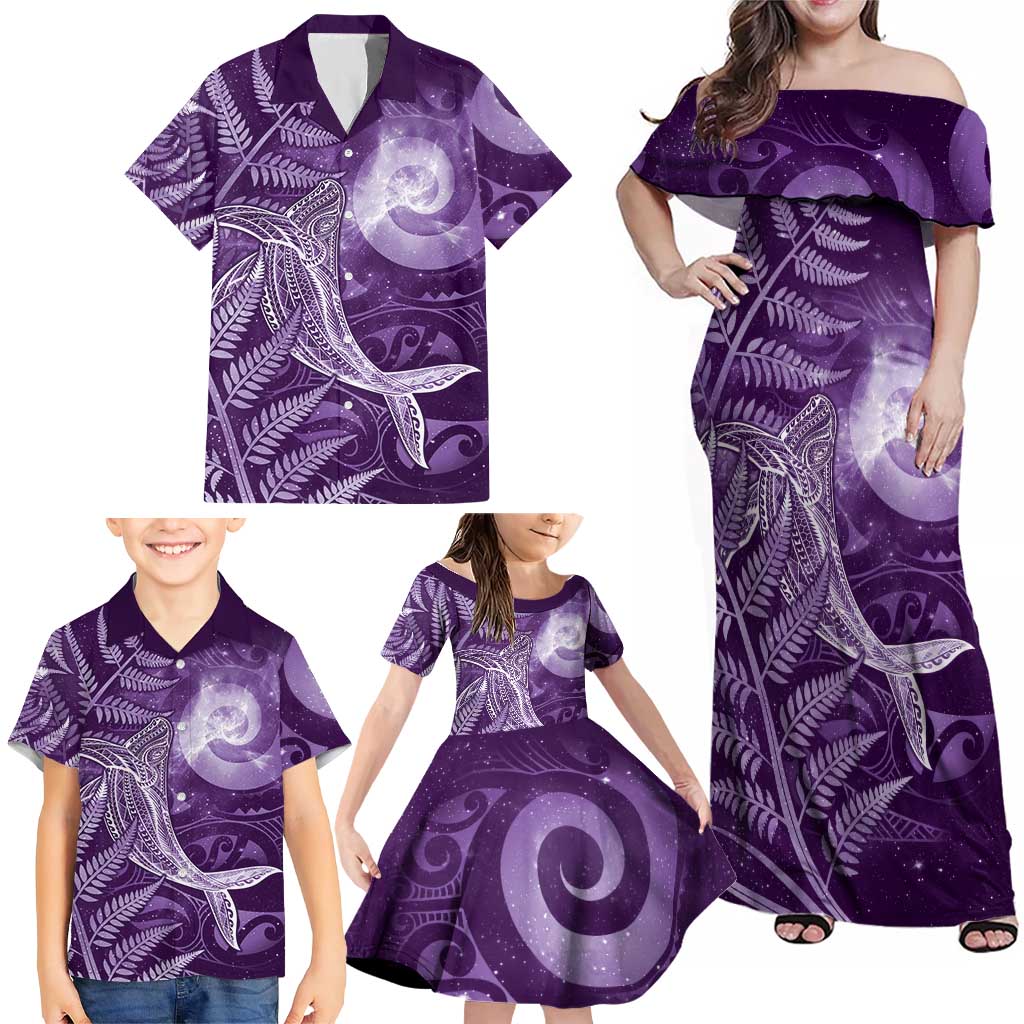 New Zealand Matariki Family Matching Off Shoulder Maxi Dress and Hawaiian Shirt Maori Koru With Humpback Whale Purple