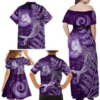 New Zealand Matariki Family Matching Off Shoulder Maxi Dress and Hawaiian Shirt Maori Koru With Humpback Whale Purple