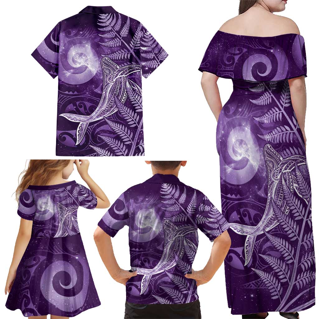 New Zealand Matariki Family Matching Off Shoulder Maxi Dress and Hawaiian Shirt Maori Koru With Humpback Whale Purple