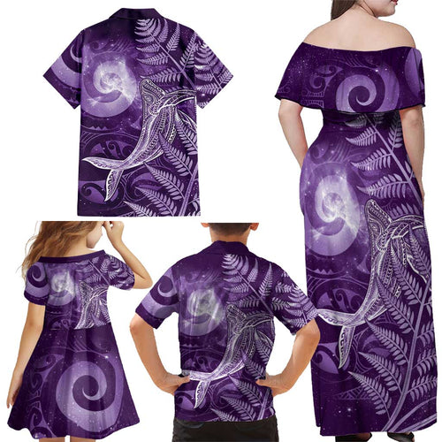 New Zealand Matariki Family Matching Off Shoulder Maxi Dress and Hawaiian Shirt Maori Koru With Humpback Whale Purple