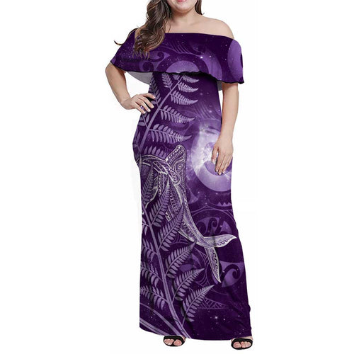 New Zealand Matariki Family Matching Off Shoulder Maxi Dress and Hawaiian Shirt Maori Koru With Humpback Whale Purple