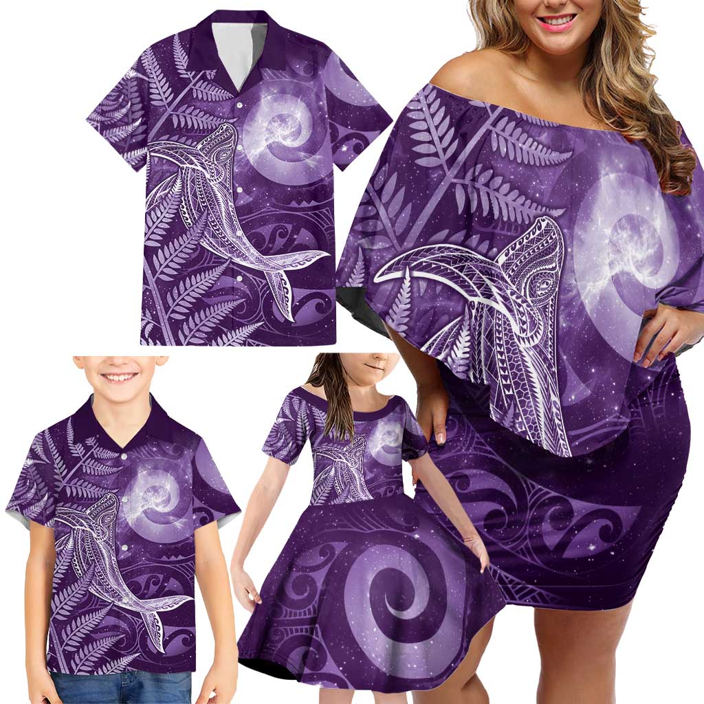 New Zealand Matariki Family Matching Off Shoulder Short Dress and Hawaiian Shirt Maori Koru With Humpback Whale Purple