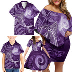 New Zealand Matariki Family Matching Off Shoulder Short Dress and Hawaiian Shirt Maori Koru With Humpback Whale Purple