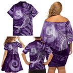 New Zealand Matariki Family Matching Off Shoulder Short Dress and Hawaiian Shirt Maori Koru With Humpback Whale Purple