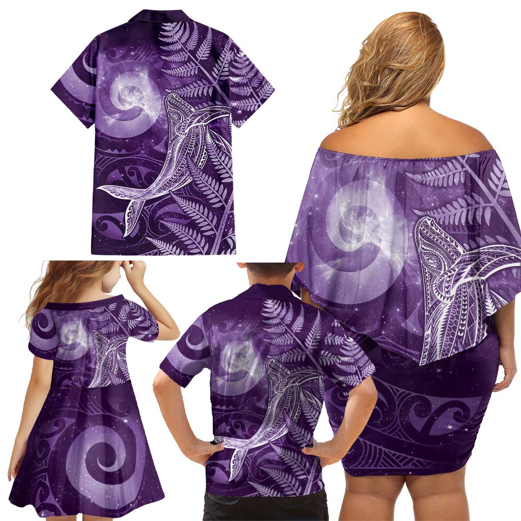 New Zealand Matariki Family Matching Off Shoulder Short Dress and Hawaiian Shirt Maori Koru With Humpback Whale Purple