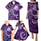 New Zealand Matariki Family Matching Puletasi and Hawaiian Shirt Maori Koru With Humpback Whale Purple