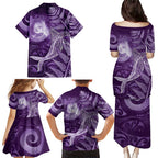 New Zealand Matariki Family Matching Puletasi and Hawaiian Shirt Maori Koru With Humpback Whale Purple