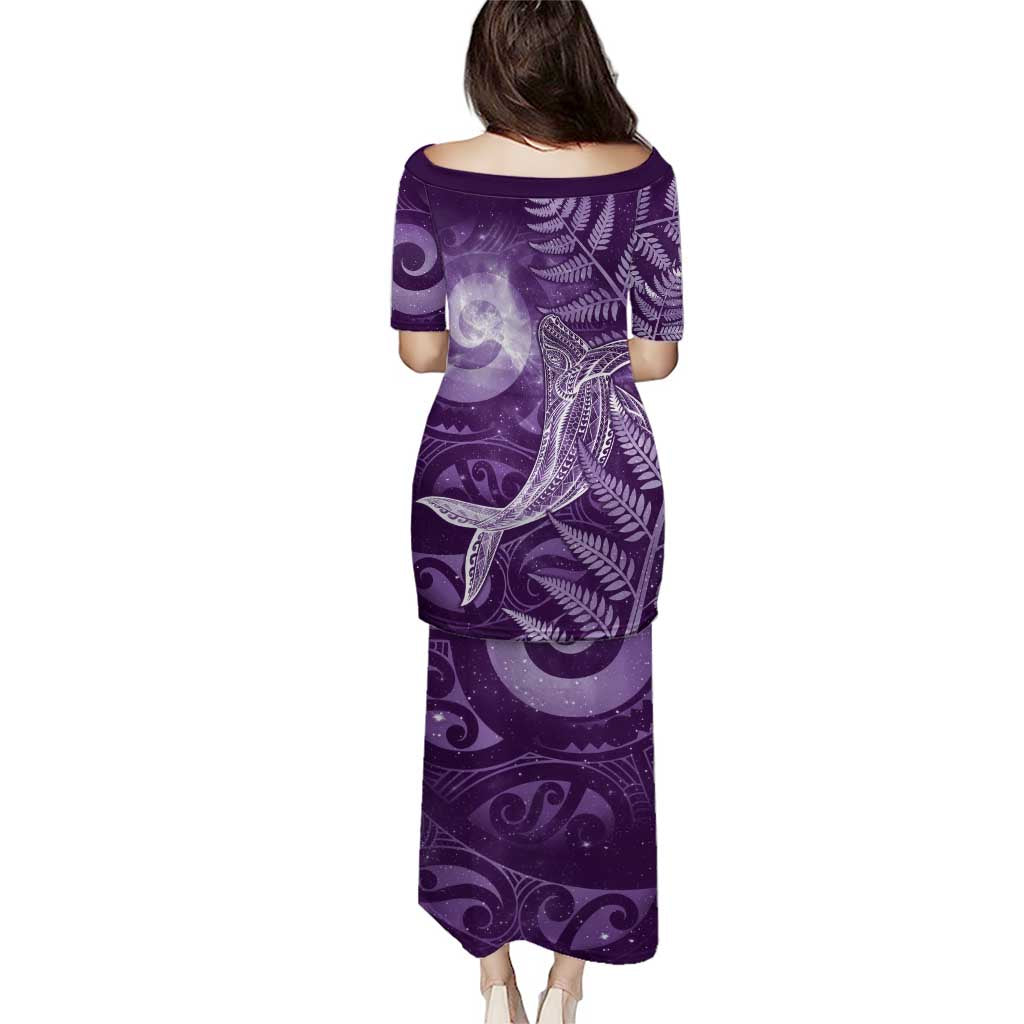 New Zealand Matariki Family Matching Puletasi and Hawaiian Shirt Maori Koru With Humpback Whale Purple