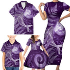 New Zealand Matariki Family Matching Short Sleeve Bodycon Dress and Hawaiian Shirt Maori Koru With Humpback Whale Purple