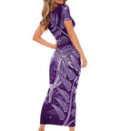 New Zealand Matariki Family Matching Short Sleeve Bodycon Dress and Hawaiian Shirt Maori Koru With Humpback Whale Purple