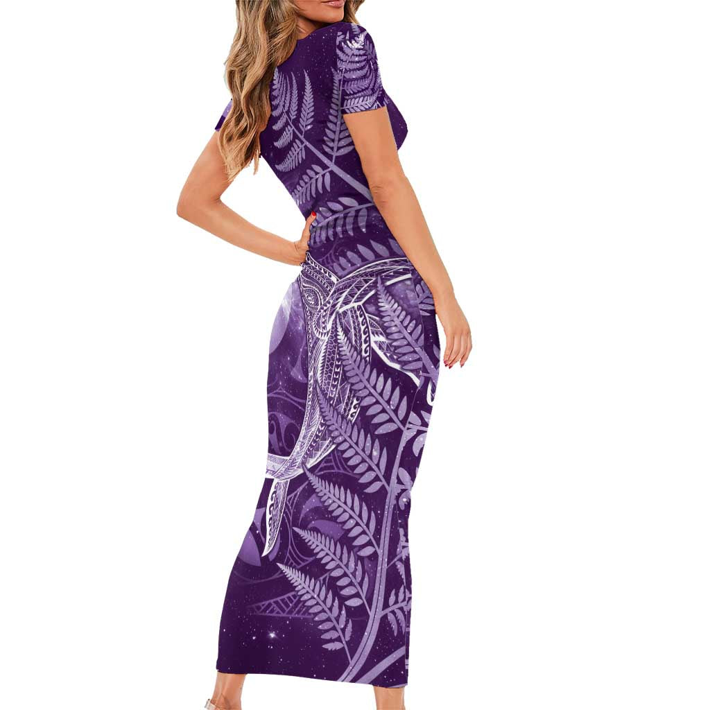 New Zealand Matariki Family Matching Short Sleeve Bodycon Dress and Hawaiian Shirt Maori Koru With Humpback Whale Purple