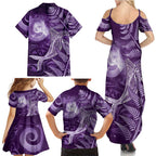 New Zealand Matariki Family Matching Summer Maxi Dress and Hawaiian Shirt Maori Koru With Humpback Whale Purple