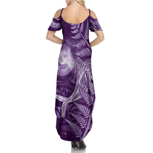 New Zealand Matariki Family Matching Summer Maxi Dress and Hawaiian Shirt Maori Koru With Humpback Whale Purple