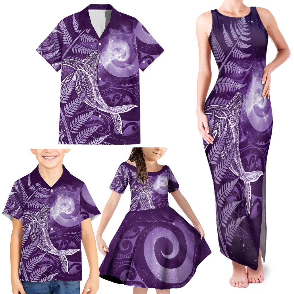 New Zealand Matariki Family Matching Tank Maxi Dress and Hawaiian Shirt Maori Koru With Humpback Whale Purple
