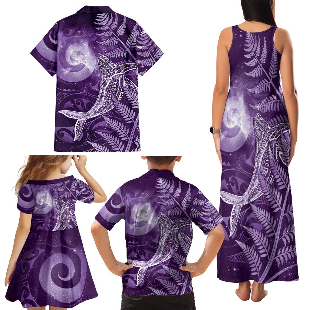 New Zealand Matariki Family Matching Tank Maxi Dress and Hawaiian Shirt Maori Koru With Humpback Whale Purple