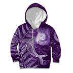 New Zealand Matariki Kid Hoodie Maori Koru With Humpback Whale Purple
