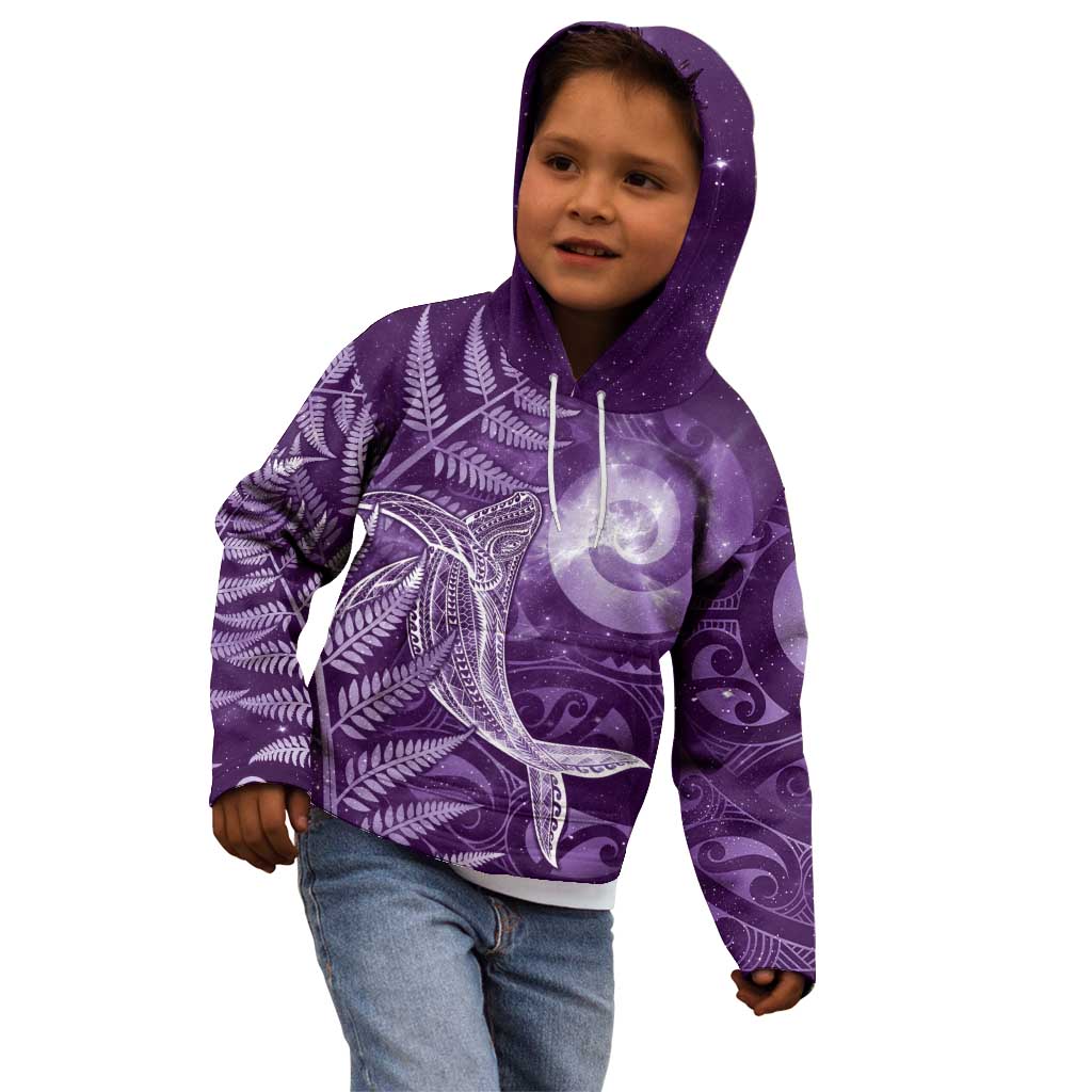 New Zealand Matariki Kid Hoodie Maori Koru With Humpback Whale Purple