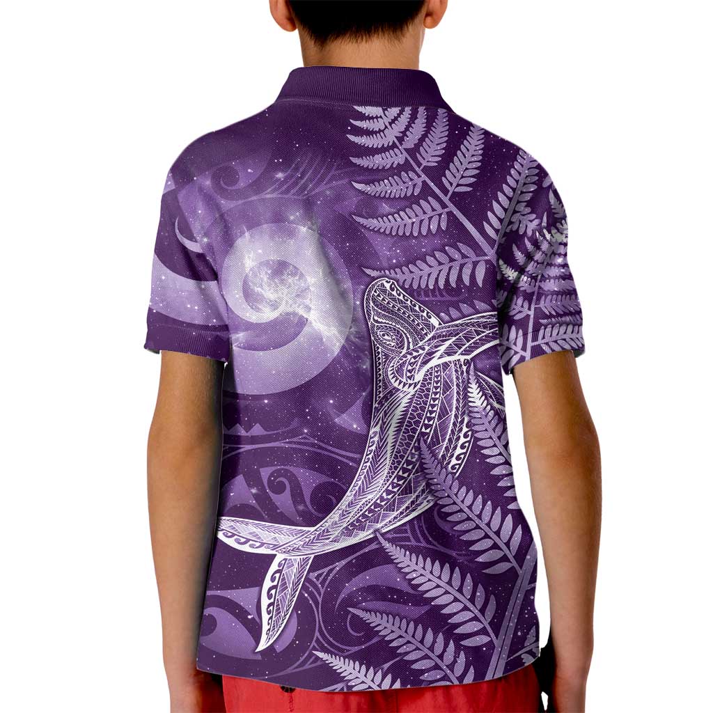 New Zealand Matariki Kid Polo Shirt Maori Koru With Humpback Whale Purple