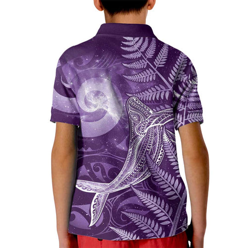 New Zealand Matariki Kid Polo Shirt Maori Koru With Humpback Whale Purple