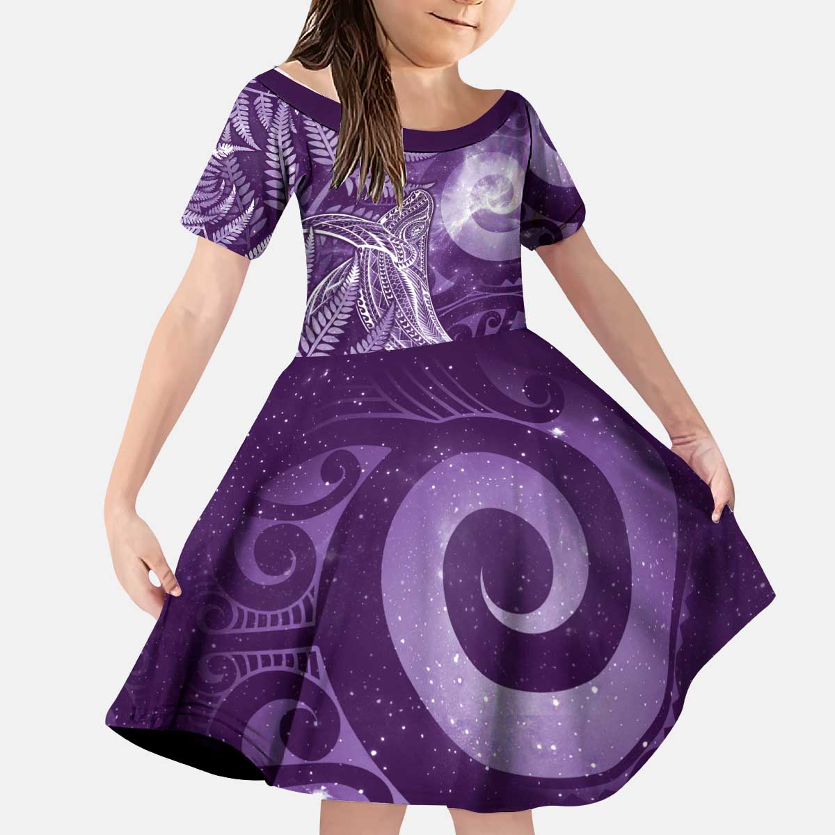 New Zealand Matariki Kid Short Sleeve Dress Maori Koru With Humpback Whale Purple