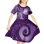 New Zealand Matariki Kid Short Sleeve Dress Maori Koru With Humpback Whale Purple
