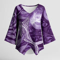 New Zealand Matariki Kimono Sleeve Blouse Maori Koru With Humpback Whale Purple
