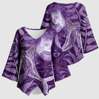 New Zealand Matariki Kimono Sleeve Blouse Maori Koru With Humpback Whale Purple