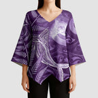 New Zealand Matariki Kimono Sleeve Blouse Maori Koru With Humpback Whale Purple