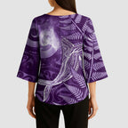 New Zealand Matariki Kimono Sleeve Blouse Maori Koru With Humpback Whale Purple