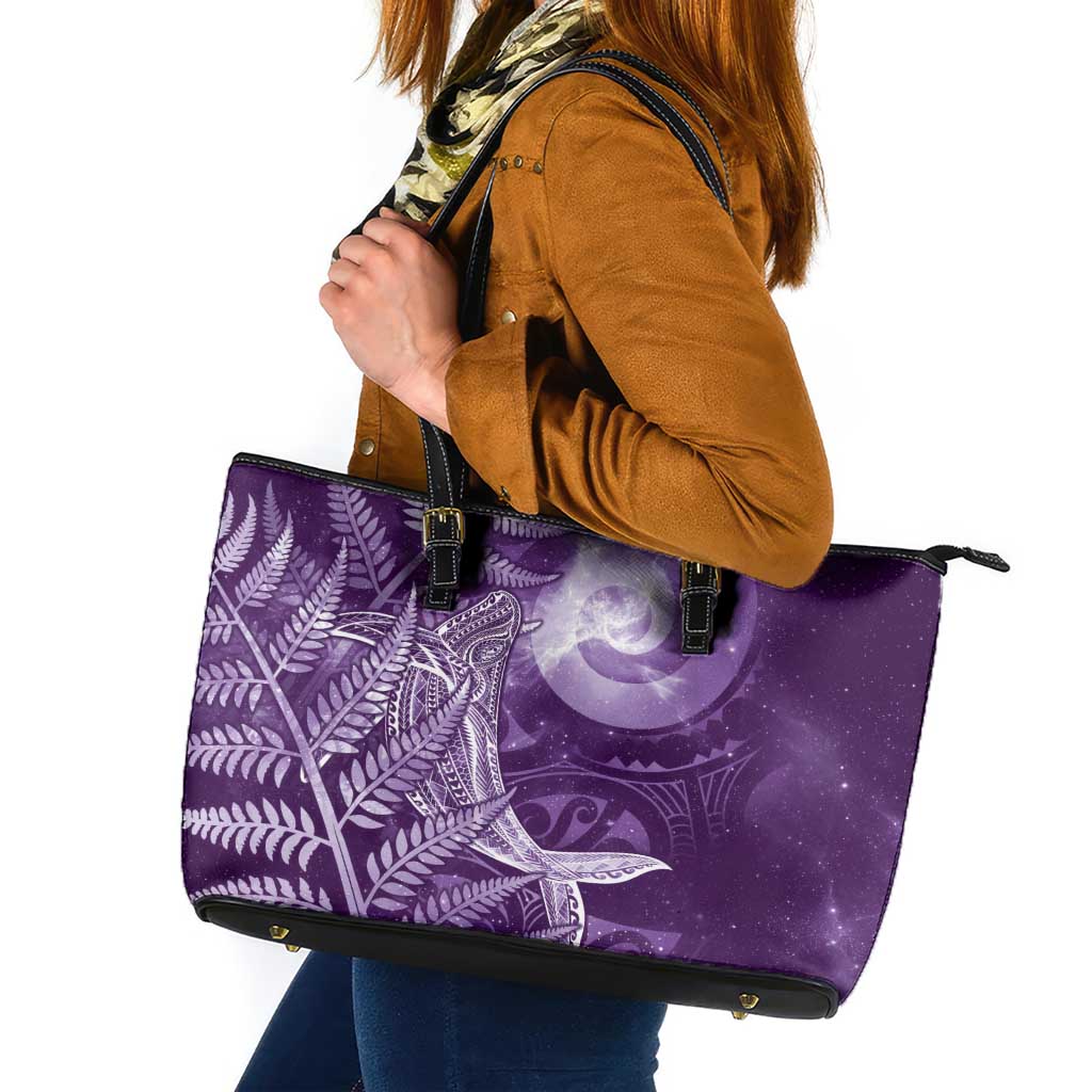 New Zealand Matariki Leather Tote Bag Maori Koru With Humpback Whale Purple