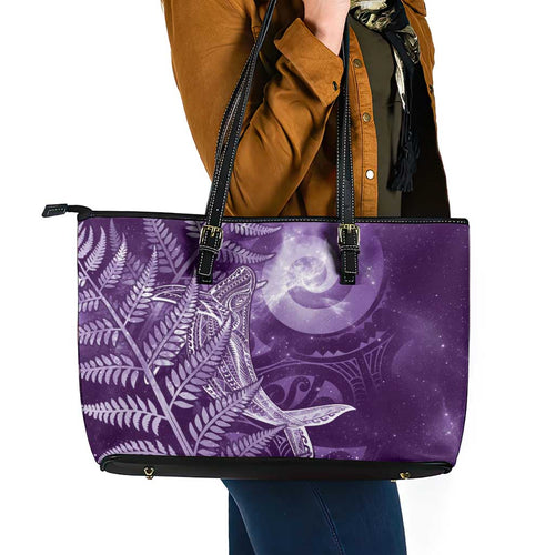New Zealand Matariki Leather Tote Bag Maori Koru With Humpback Whale Purple